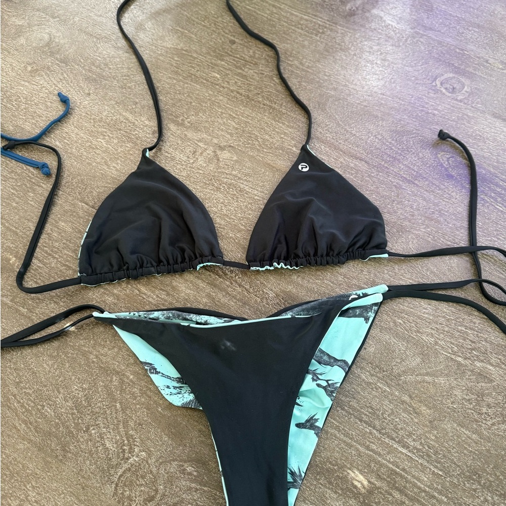 Pelagic Black and Fish Print Bikini Set with Triangle Top Reversible